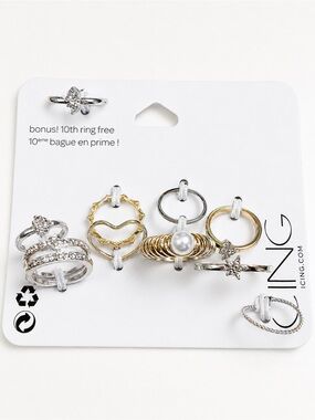 Icing Mixed Gold & Silver Pearl and Crystal Stackable Ring Set‎ NWT